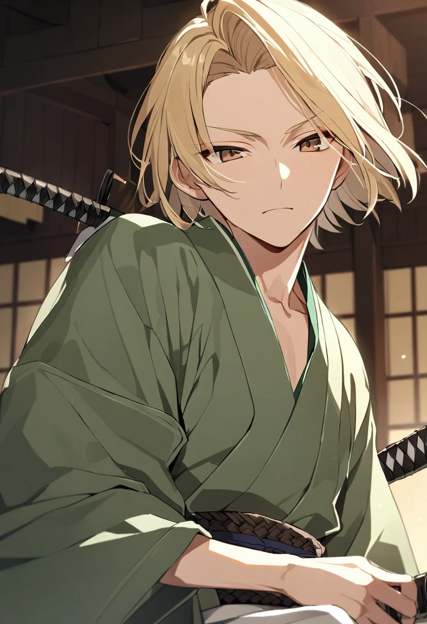 boy, blond, short hair, long bangs, closed forehead, brown eyes, green kimono, haramaki, katana