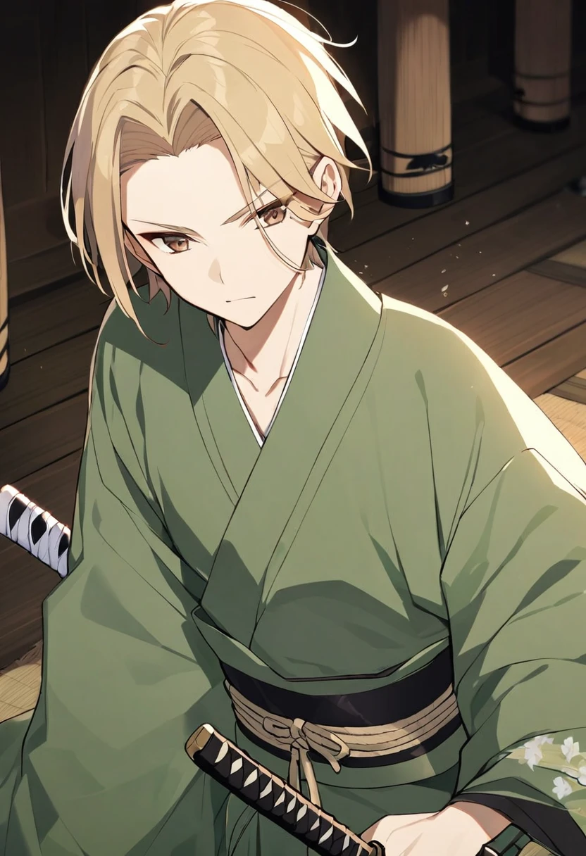 boy, blond, short hair, long bangs, closed forehead, brown eyes, green kimono, haramaki, katana