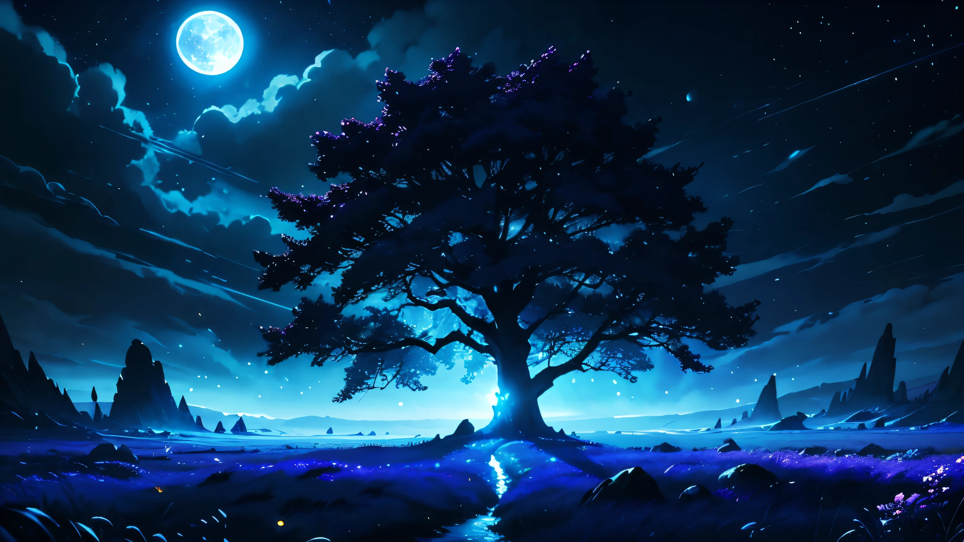 Blue moon,Bright light on the tree,dynamic angle,wide angle,The sky sparkles with blue and purple,imaginary,amazing,Scary darkness,Landscape drawing