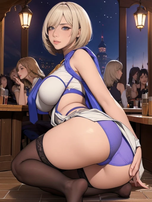 (masterpiece, best quality), looking back,A group of female adventurers set in a medieval fantasy world.3people,Dancer、 (At the pub), Mr..々Hairstyle, Harem, night, detailed aspects, Asheria:1.5, Asheria:1.3, short hair, Bobcut, Very short pleated mini skirt with embroidery pattern, Seduce, Sleeveless, armor 、Shoulder Armor、show off micro panties:1.25、Big Breasts、Big Ass、Wide waist、Pull up their skirts,Knee socks,