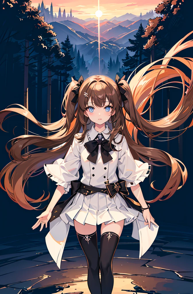 1girl, solo, outdoors, long hair, holy place, Original,(Illustration:1.1),(Best Quality),(masutepiece:1.1),(the Extremely Detailed CG Unity 8K Wallpapers:1.1), (Colorful:0.9),(mid-shot:0.95),(extremely detailed beautiful face),(Solo:1.2), (girl),(((Lori))), (Detailed beautiful eyes:1.15), (Beautiful face:1.15), (Glowing blue eyes:1.25////),(((Brown Long Hair))),(two side up),(+perfect hand+:1.21),(Draw illustration of Japan priestess costume),(slender),(White pleated skirt),(Gothic),((black thighhighs)),(frilld),(Beautiful Slender Lolita Girl),standing, girl,10 years old, girl,foggy place,