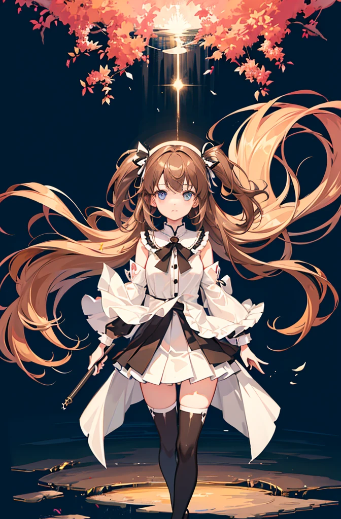 1girl, solo, outdoors, long hair, holy place, Original,(Illustration:1.1),(Best Quality),(masutepiece:1.1),(the Extremely Detailed CG Unity 8K Wallpapers:1.1), (Colorful:0.9),(mid-shot:0.95),(extremely detailed beautiful face),(Solo:1.2), (girl),(((Lori))), (Detailed beautiful eyes:1.15), (Beautiful face:1.15), (Glowing blue eyes:1.25////),(((Brown Long Hair))),(two side up),(+perfect hand+:1.21),(Draw illustration of Japan priestess costume),(slender),(White pleated skirt),(Gothic),((black thighhighs)),(frilld),(Beautiful Slender Lolita Girl),standing, girl,, girl,foggy place,