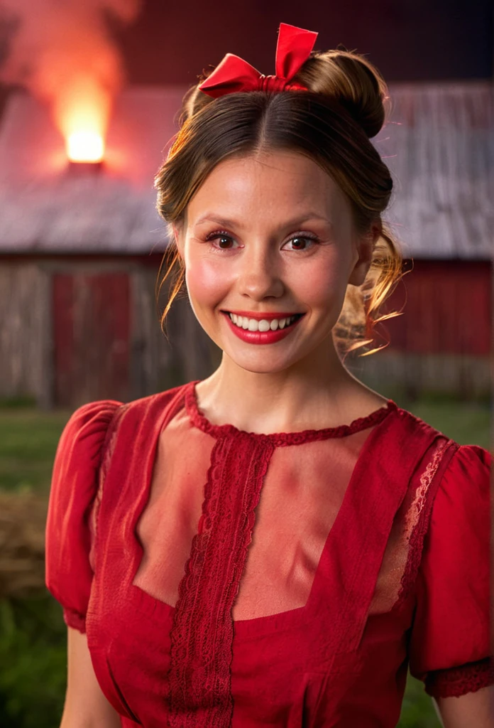 high resolution close up headshot portrait of m1ag0th woman,hair bun tied with bow,wearing red dress,smiling,masterpiece,surreal lighting,volumetric lighting,volumetric fog,boked,depth of field,cinematic,barn background