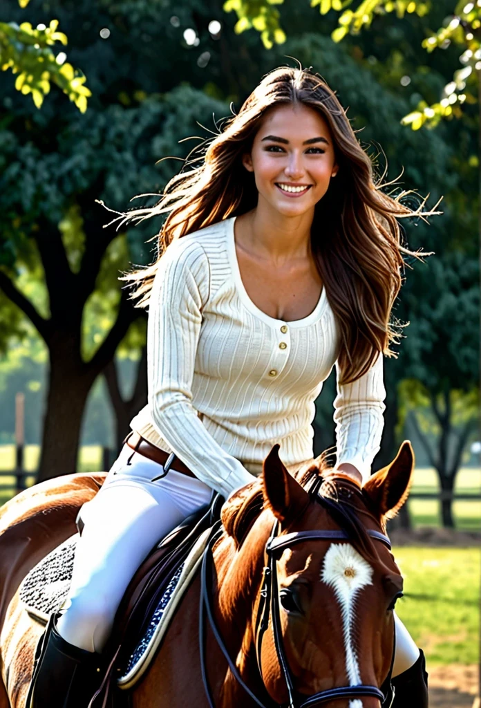 iphone Photo, RAW style , (20 year old woman riding riding a brown horse, white saddle, during noon, cloudy weather, long brown hair, sporty body, beautiful detailed eyes, beautiful detailed lips, (beautiful smile) , extremely detailed face and features, long eyelashes, elegant woman, graceful pose, soft warm lighting, cinematic lighting, Simple bikini, highly detailed environment, photorealistic, 8k, hyper detailed, masterpiece, cinematic, digital art, concept art)