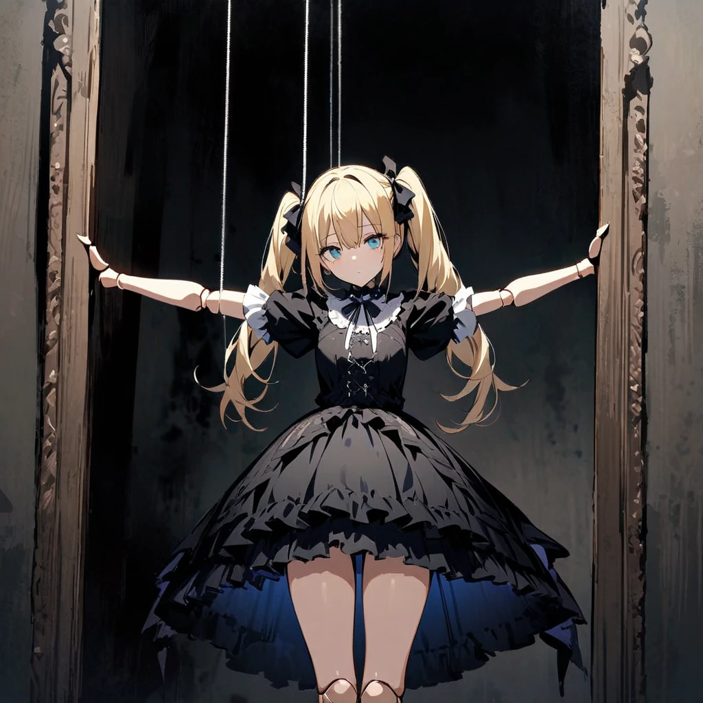 Highest quality,masterpiece,One girl,alone,Suspend,Beautiful Eyes, blue, Blonde, Twin tails,Beautiful Face,Cowboy Shot,Expressionless,Hanging by a thread,whole body,Are standing,suspension,Hollow,Doll joints,Short sleeve,skirt,Tilt your head,Outstretched arms,Gothic Lolita Fashion、Headband,ribbon,Looking through the mirror