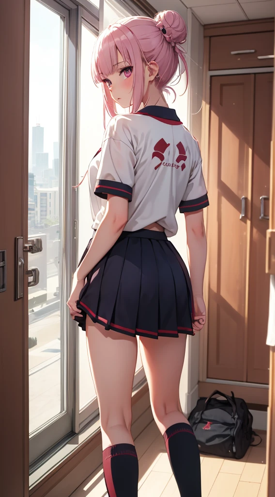 1girl, solo, masterpiece, best quality, high res, highly detailed, (illustration), beautiful detailed eyes, mori calliope, single hair bun, glossy lips, light makeup, standing, sport uniform, locker room, sneakers, (view from behind)