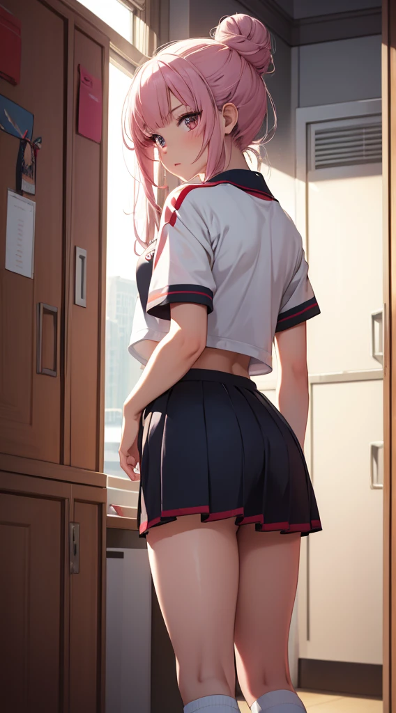 1girl, solo, masterpiece, best quality, high res, highly detailed, (illustration), beautiful detailed eyes, mori calliope, single hair bun, glossy lips, light makeup, standing, sport uniform, locker room, sneakers, (view from behind)