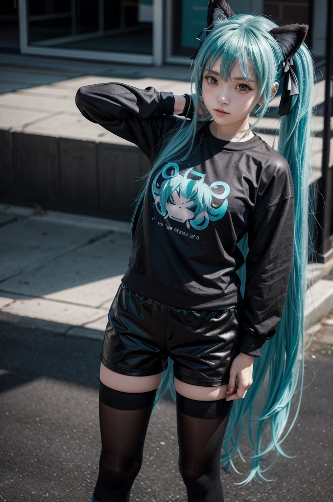 Miku Hatsune, add high definition_detail:1, blue fur,kitsune ears, tribal tattoo add_detail:1 cute high school clothes, pretty girl add_detail:3 18 year old girl, short black lycra, black metal t shirt, flirty look add_detail:3, is standing full body