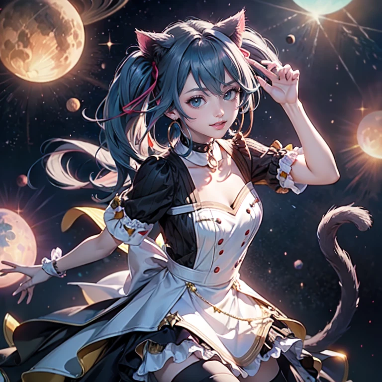 1girl, white maid dress, jewelry, aqua hair, flowing hair, long hair, maid dress with a short skirt and layers, white laces, white boots, white dress with transparency, gold details on her clothes, cat ears, animal ears,  more details, perfectly body, perfectly hands, two hands, two legs, two arms, five fingers, glowing hair, best quality, cat ears, animal ears, white gloves, cat tail, alone, maid headdress, choker, detached sleeves, maid dress, maid white dress, strapless, masterpeice, best quality, detailed face, night, asymmetrical gloves, bangs, white short skirt , earrings, elbow gloves, fishnet thighhighs, fishmasterpeice, solo, best quality, detailed face, hair between eyes, jewelry, looking at viewer, single earring, sky, sleeveless, solo, thigh boots, thighhighs, tongue, tongue out, uneven gloves, cat ears, animal ears, cat tail, solo, alone, Looking at the viewer, magenta roses on her hair, space scenery, maid, maid dress, magenta details, maid headdress, maid apron, purple hair, long hair, seat on the Saturn rings, more details on her clothes, gold details on her clothes, space, smiling, standing her hand to a viewer, looking at the viewer, in the background a several asteroids glowing with fiery auras, Dramatic lighting from distant stars and planets illuminates the scene, looking at the vast and mysterious universe, cowboy shot, upper body portrait, more details, sparkle,