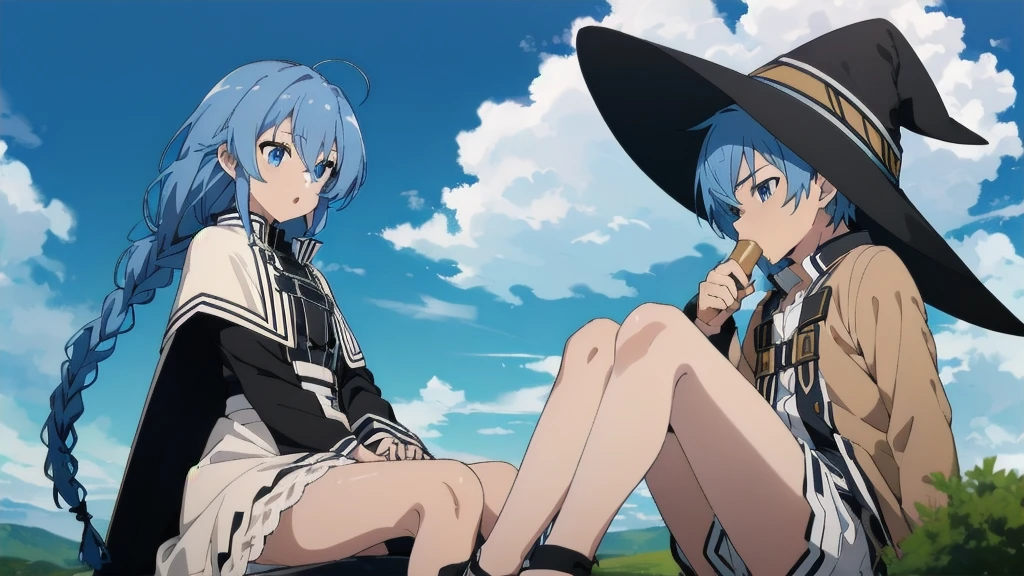 Browsing Caution,(((One girl,One boy,Blowjob))),Mushoku Tensei Style, Roxy Migurdia, One Girl, bangs, Black Hat, Blue background, blue eyes, Blue Hair, Braiding, Brown cape,Sitting , White lace panties,Floating Hair, Hair between the eyes, have, Long Hair, View your audience,witch have, cloud, Outdoor, Breaking the masterpiece ,8k unity wallpaper,Anime key visual,Highest quality, High resolution, unity 8k wallpaper, (shape:0.8),Anime Coloring,Highly detailed face, Fine grain,Growing Eyes,Shiny skin,Fine skin,White skin,dense skin,Detailed Hair,Very elaborate legs,Perfect lighting, Detailed CG, (Perfect hands, Perfect Anatomy),High resolution,(Detailed wear ),Thin limbs, Delicate curves, Graceful Hands,shape:0.8,