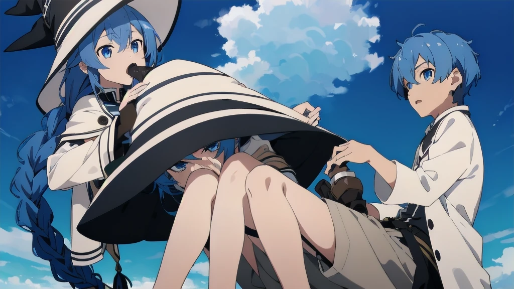 Browsing Caution,(((One girl,One boy,???????))),Mushoku Tensei Style, Roxy Migurdia, One Girl, bangs, Black Hat, Blue background, blue eyes, Blue Hair, Braiding, Brown cape,Sitting , White lace panties,Floating Hair, Hair between the eyes, have, Long Hair, View your audience,witch have, cloud, Outdoor, Breaking the masterpiece ,8k unity wallpaper,Anime key visual,Highest quality, High resolution, unity 8k wallpaper, (shape:0.8),Anime Coloring,Highly detailed face, Fine grain,Growing Eyes,Shiny skin,Fine skin,White skin,dense skin,Detailed Hair,Very elaborate legs,Perfect lighting, Detailed CG, (Perfect hands, Perfect ???????),High resolution,(Detailed wear ),Thin limbs, Delicate curves, Graceful Hands,shape:0.8,