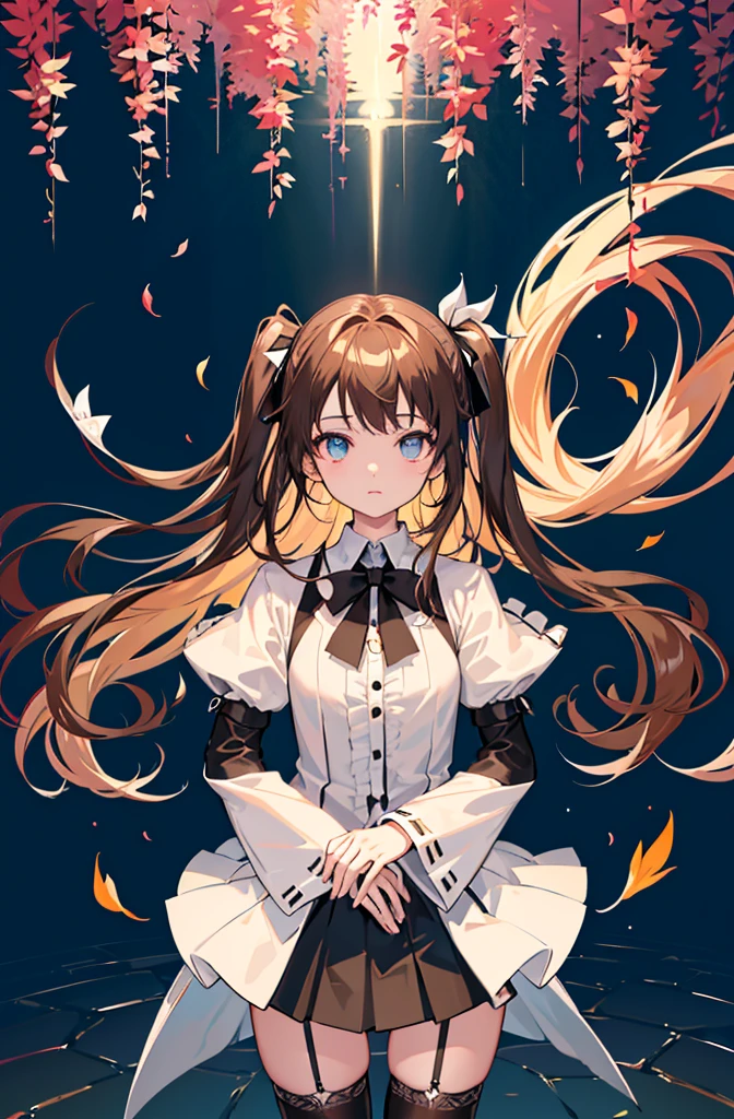 1girl,  solo, outdoors, long hair, holy place, Original,(Illustration:1.1),(Best Quality),(masutepiece:1.1),(the Extremely Detailed CG Unity 8K Wallpapers:1.1), (Colorful:0.9),(mid-shot:0.95),(extremely detailed beautiful face),(Solo:1.2), (girl),(((Lori))), (Detailed beautiful eyes:1.15), (Beautiful face:1.15), (Glowing blue eyes:1.25////),(((Brown Long Hair))),(two side up),(+perfect hand+:1.21),(Draw illustration of Japan priestess costume),(slender),(White pleated skirt),(Gothic),((black thighhighs)),(frilld),(Beautiful Slender Lolita Girl),standing, girl,10 years old,  girl,foggy place,
