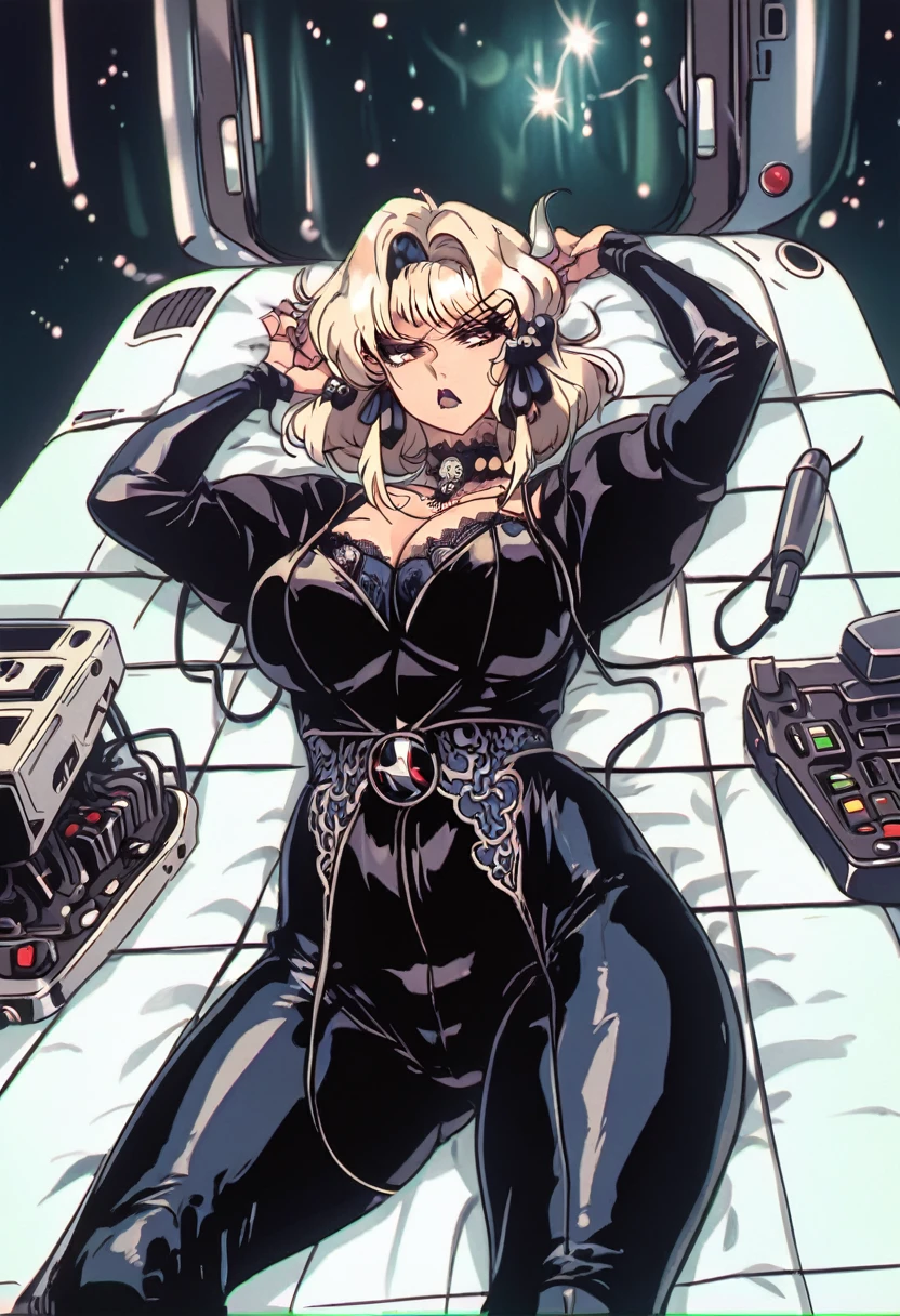 ((gothic vampire piloting in gothic spacecraft)), (((retro anime))), ((from below)), ((120 fov)), ((((gothic control panels)))), ((mature)), (((gothic))), iridescent bodysuit, ((lace accessories)), ((pilot seat)), ((((lying back)) pose)), ((elegant)), (((serious tone))), futuristic, ((cockpit top control panel)), intricate control panel details, 1990s (style), [blushing], sweat, masterpiece, ((claustrophobic)), sparkles, best quality, screens, ((pilot helmet)), ((hands on controls)), night, space, ((cockpit lights))