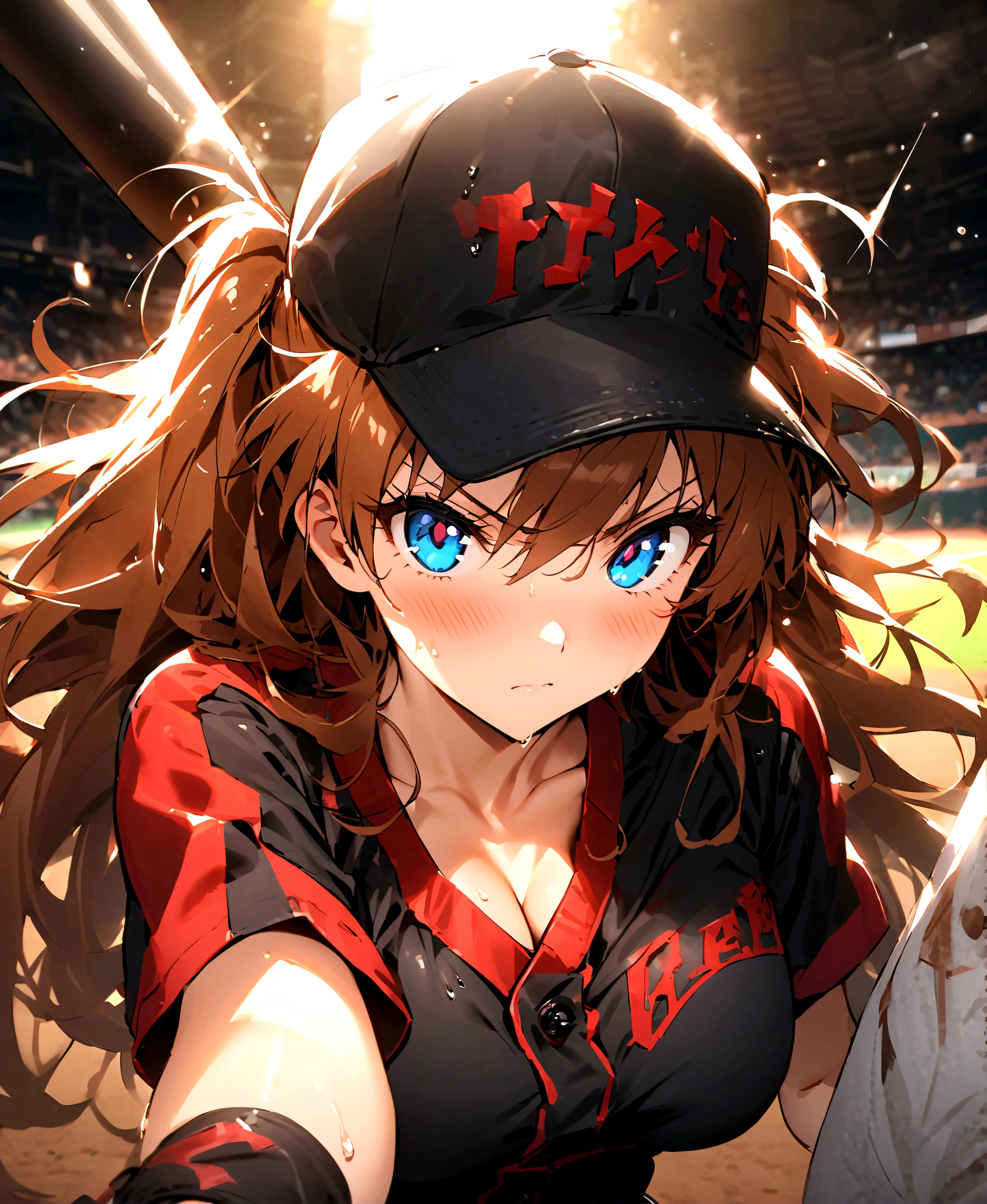 Masterpiece++, Best quality++, Ultra-definition++, Ultra-definition++, 4k++, 8k++, (background focus)++, very detailed, ((ballpark))++, (1 person), ((( Evangelion Soryu Asuka Langley)) +++, ((player with a baseball bat)), ((((batting form))))++++, (((baseball uniform))) +++ , ((baseball bat))++, (baseball bat)+, ((mature woman with baseball bat))++, (baseball cap), (baseball glove), leaning, blush, (wristband ), (brown hair), (super shiny hair and skin), (sunlight), ((beautiful)), cleavage, vibrant, serious expression, perfect eyes, perfect hands, perfect Nose, Evangelion Asuka Langley Soryu, bright atmosphere, (wet effect)+, (light effect), (cinematic light)+, (light cinematic)+