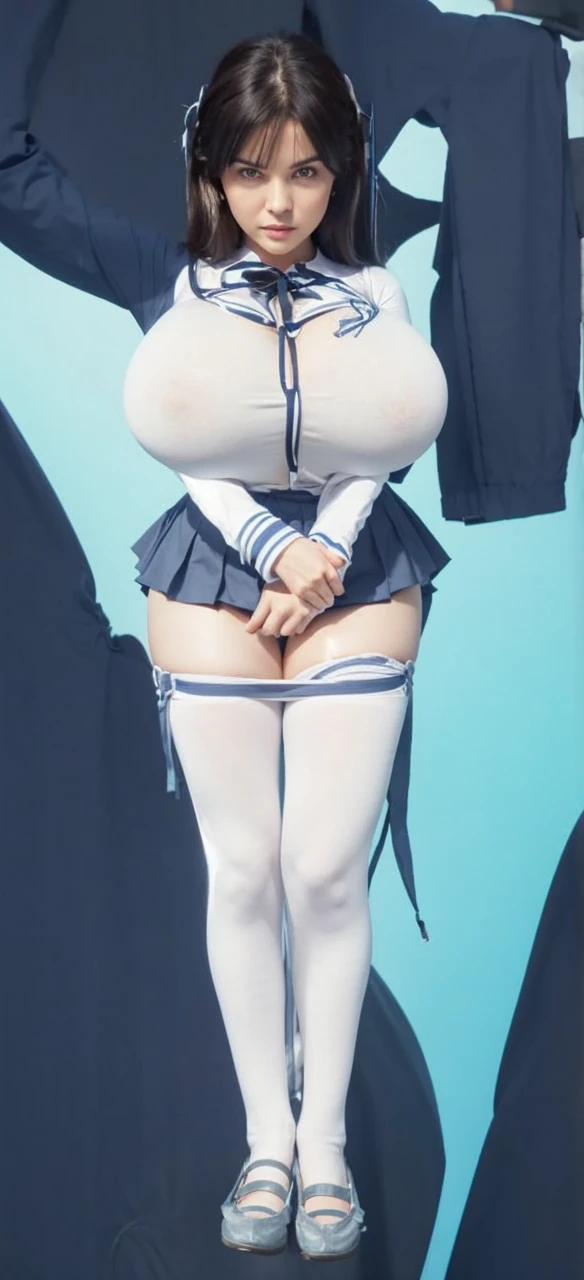 Breast expansion, (enormous boobs), (huge boobs) , massive breasts, slim girl, thin waist, , dark hair, bigger breasts, beautiful face, tight white shirt,