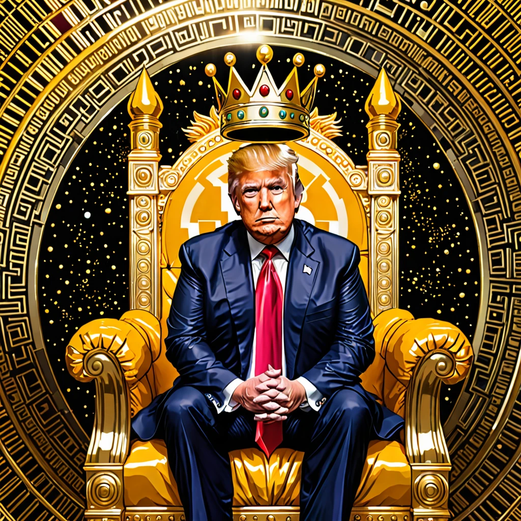 art Donald Trump with crown on his head sitting on golden bitcoin throne