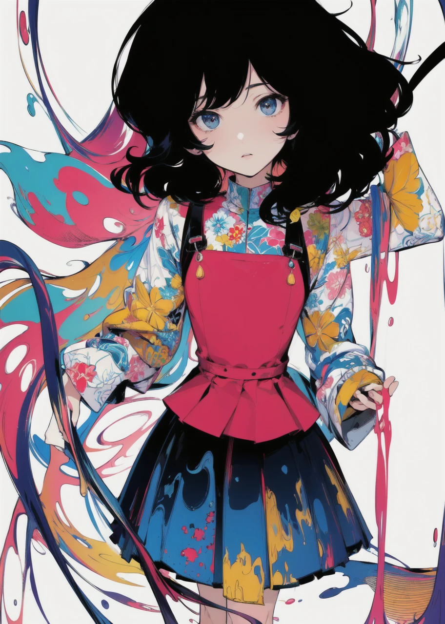 (masterpiece, best quality:1.3), (flat color:1.3),(colorful:1.3),looking at viewer,1girl,solo,floating colorful water,(2D:1.3) colorful water background mixing with her clothes, beautiful face,