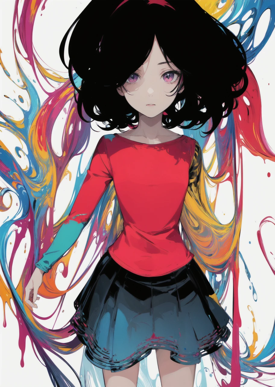 (masterpiece, best quality:1.3), (flat color:1.3),(colorful:1.3),looking at viewer,1girl,solo,floating colorful water,(2D:1.3) colorful water background mixing with her clothes, beautiful face, 