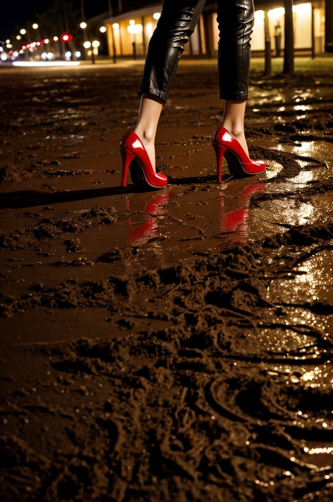 walking at night woman with red heels through mud