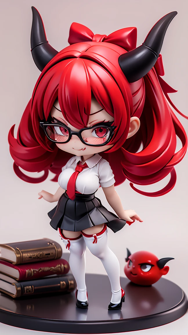 work, best quality, girl, red demon, oni, horns, little devil, a little scary, spooky, long hair alternative, bob hair, red hair, bow hair, aqua eyes, glasses, teacher, teacher unigorm, seductive smile, Tongue, black eyes, long eyelashes, big breasts, There is a mole on the chest, White shirt, black skirt, high heeled, shoe, period, hair ribbon, flower ribbon, hair_ribbon, hair_ribbon, hair_flower, tall, ((stockings opaque:1.4))