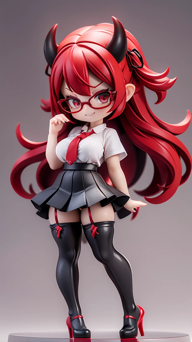 work, best quality, girl, red demon, oni, horns, little devil, a little scary, spooky, long hair alternative, bob hair, red hair, bow hair, aqua eyes, glasses, teacher, teacher unigorm, seductive smile, Tongue, black eyes, long eyelashes, big breasts, There is a mole on the chest, White shirt, black skirt, high heeled, shoe, period, hair ribbon, flower ribbon, hair_ribbon, hair_ribbon, hair_flower, tall, ((stockings opaque:1.4))