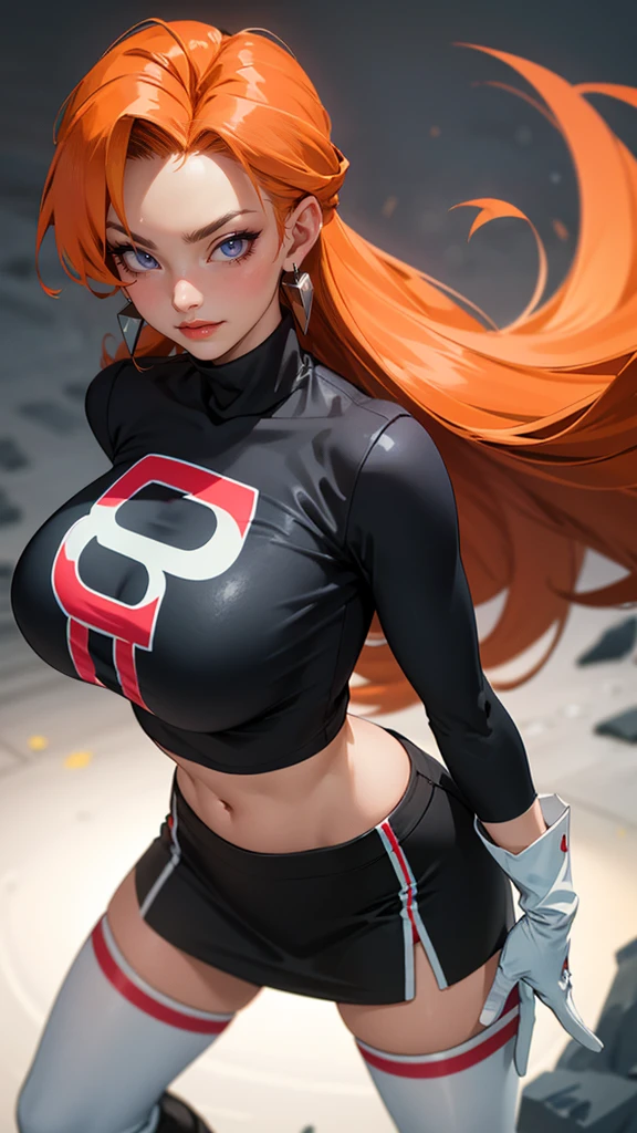 (best quality,4k,8k,highres,masterpiece:1.2),ultra-detailed),HDR,UHD,1girl, full body of beautiful jessie, (black turtleneck top), looking at viewer, volumetric lighting, best quality, masterpiece, realistic , (gigantic breasts), 1girl, face portrait of cassidy evil smile, team rocket,volumetric lighting, best quality, masterpiece, retro artstyle, ((cassidy)), (gigantic breasts), (orange hair), ((team rocket uniform)), short black skirt,midriff, ((white pirate boots)), pantyhose, navel, long hair, ((white opera gloves)), cowboy shot