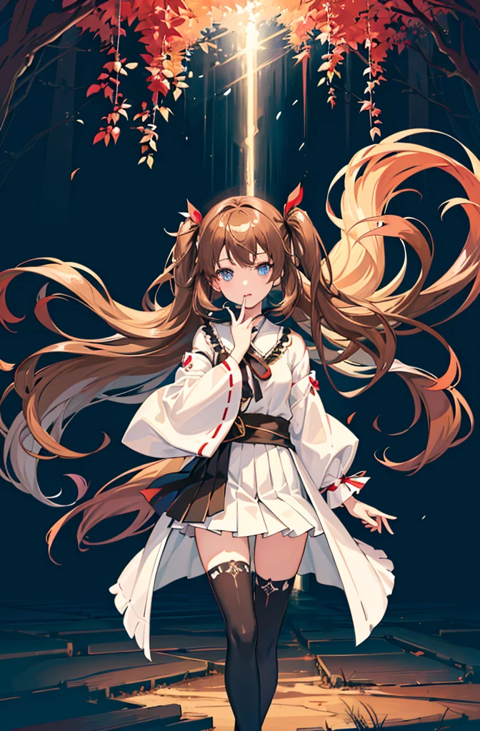 1girl, solo, outdoors, long hair, holy place, Original,(Illustration:1.1),(Best Quality),(masutepiece:1.1),(the Extremely Detailed CG Unity 8K Wallpapers:1.1), (Colorful:0.9),(mid-shot:0.95),(extremely detailed beautiful face),(Solo:1.2), (girl),(((Lori))), (Detailed beautiful eyes:1.15), (Beautiful face:1.15), (Glowing blue eyes:1.25////),(((Brown Long Hair))),(two side up),(+perfect hand+:1.21),(Draw illustration of Japan priestess costume),(slender),(White pleated skirt),(Gothic),((black thighhighs)),(frilld),(Beautiful Slender Lolita Girl),standing, girl,10 years old, girl,foggy place,((City in the Desert)),
