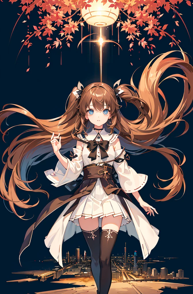 1girl, solo, outdoors, long hair, holy place, Original,(Illustration:1.1),(Best Quality),(masutepiece:1.1),(the Extremely Detailed CG Unity 8K Wallpapers:1.1), (Colorful:0.9),(mid-shot:0.95),(extremely detailed beautiful face),(Solo:1.2), (girl),(((Lori))), (Detailed beautiful eyes:1.15), (Beautiful face:1.15), (Glowing blue eyes:1.25////),(((Brown Long Hair))),(two side up),(+perfect hand+:1.21),(Draw illustration of Japan priestess costume),(slender),(White pleated skirt),(Gothic),((black thighhighs)),(frilld),(Beautiful Slender Lolita Girl),standing, girl,10 years old, girl,foggy place,((City in the Desert)),