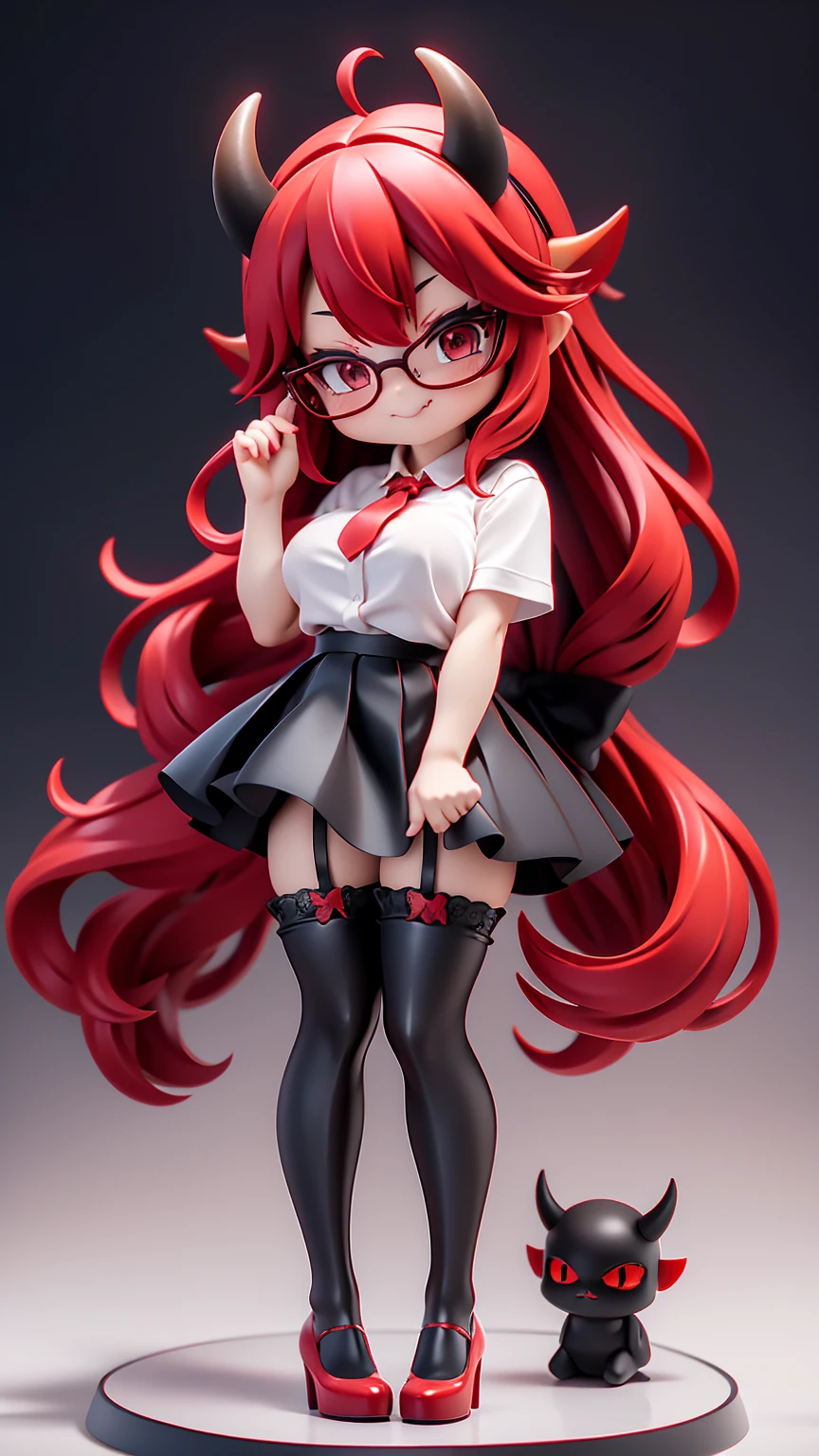 work, best quality, girl, red demon, oni, horns, little devil, a little scary, spooky, long hair alternative, bob hair, red hair, bow hair, aqua eyes, glasses, teacher, teacher unigorm, seductive smile, Tongue, black eyes, long eyelashes, big breasts, There is a mole on the chest, White shirt, black skirt, high heeled, shoe, period, hair ribbon, flower ribbon, hair_ribbon, hair_ribbon, hair_flower, tall, ((stockings opaque:1.4))