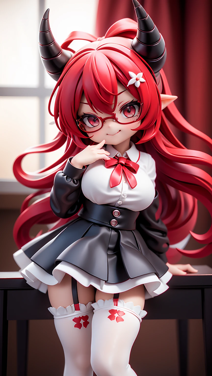 work, best quality, girl, red demon, oni, horns, little devil, a little scary, spooky, long hair alternative, bob hair, red hair, bow hair, aqua eyes, glasses, teacher, teacher unigorm, seductive smile, Tongue, black eyes, long eyelashes, big breasts, There is a mole on the chest, White shirt, black skirt, high heeled, shoe, period, hair ribbon, flower ribbon, hair_ribbon, hair_ribbon, hair_flower, tall, ((stockings opaque:1.4))