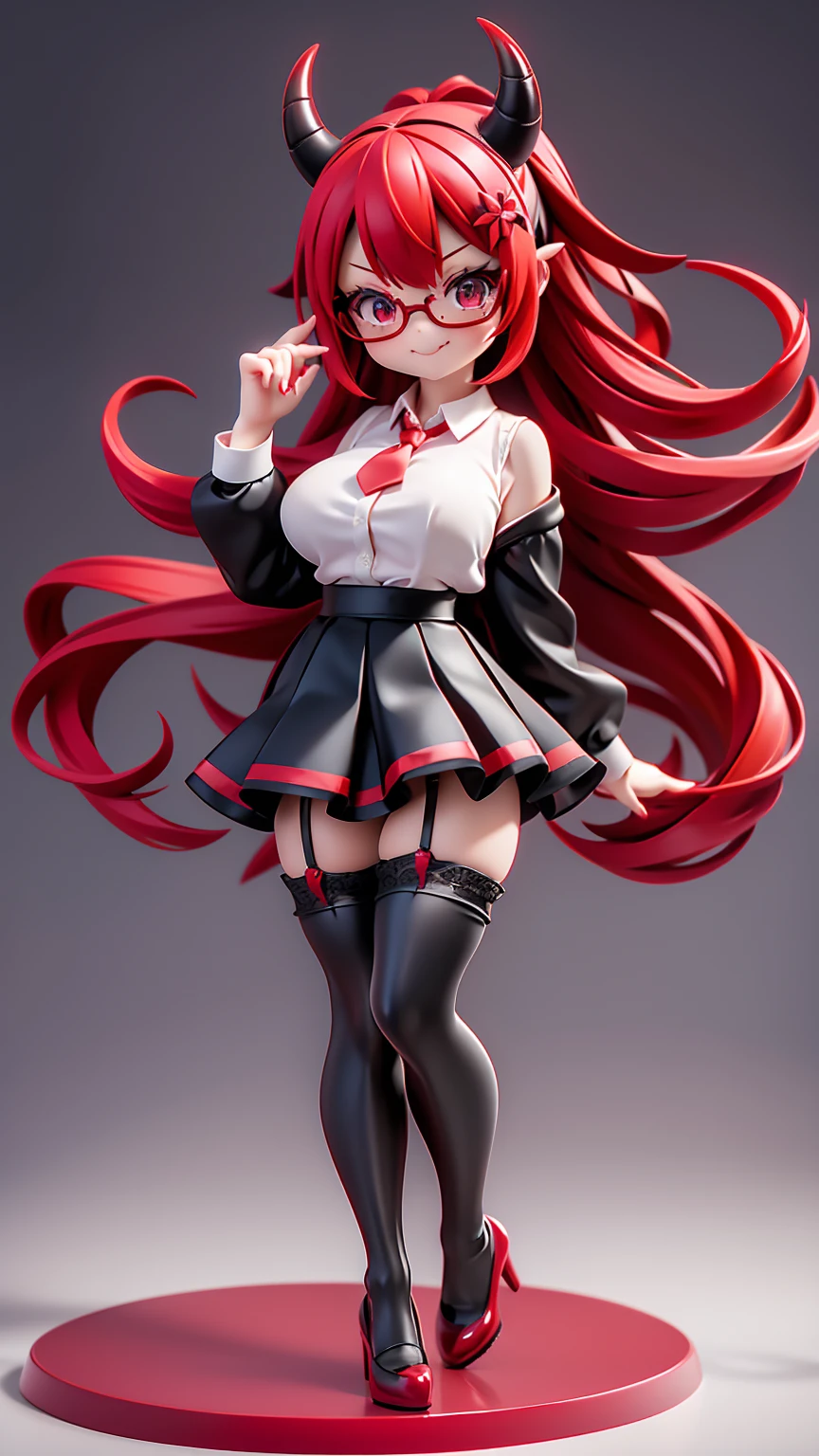 work, best quality, girl, red demon, oni, horns, little devil, a little scary, spooky, long hair alternative, bob hair, red hair, bow hair, aqua eyes, glasses, teacher, teacher unigorm, seductive smile, Tongue, black eyes, long eyelashes, big breasts, There is a mole on the chest, White shirt, black skirt, high heeled, shoe, period, hair ribbon, flower ribbon, hair_ribbon, hair_ribbon, hair_flower, tall, ((stockings opaque:1.4))