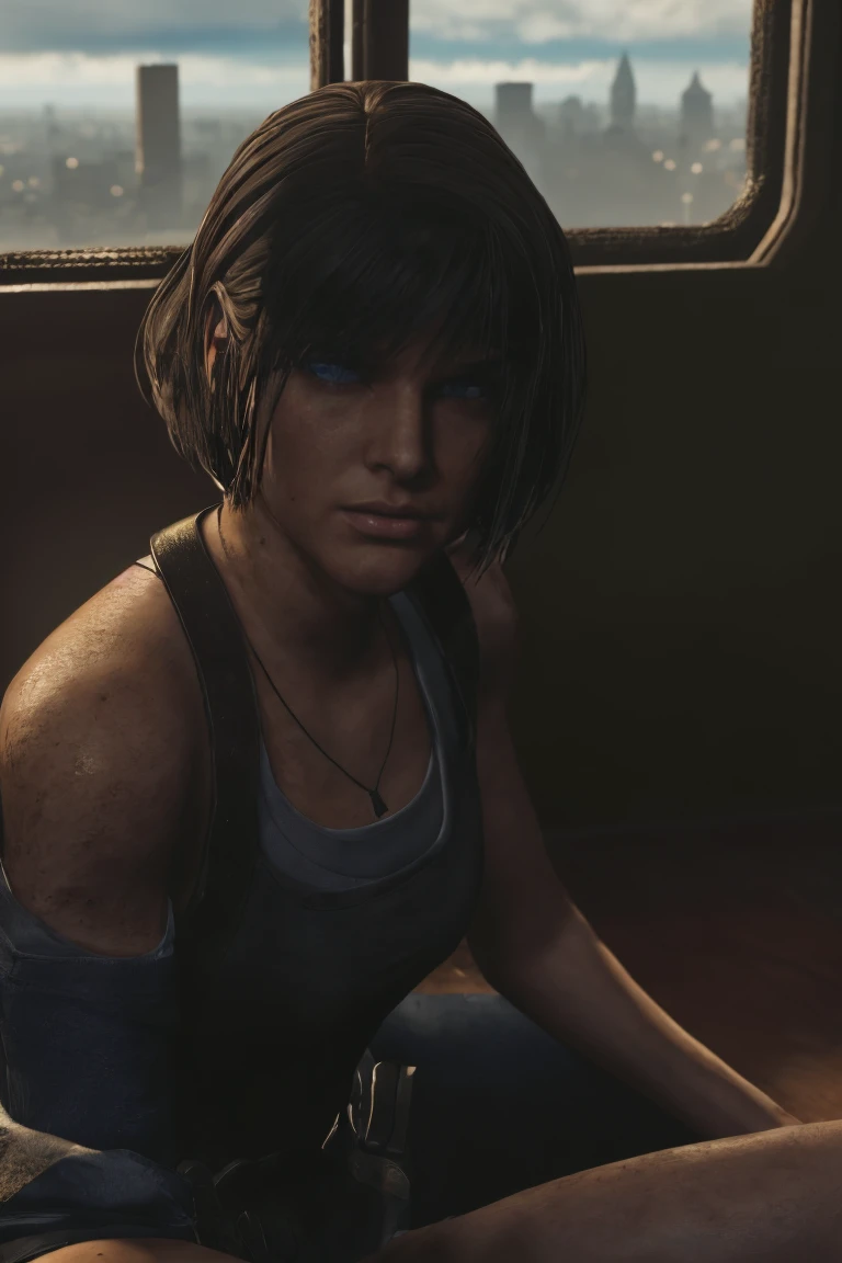 masterpiece, jill valentine, RE3 Remake, blue eyes, brown hair, oval face, long bob hair, dirt stains, portrait, woman sitting in the bed, looking city in the Window