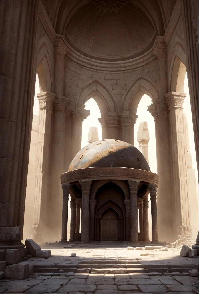 A door placed above the altar of a ruined ancient ruin., huge circular dome, The dome is decorated with runes, , highly detailed digital art, Stunning artwork in 8k, 8K high definition concept art, fantasy art, (wide-angle shot), (highest quality), (masterpiece)), realistic, Fantastic, Mysterious, arabic architecture, tall columns around the room