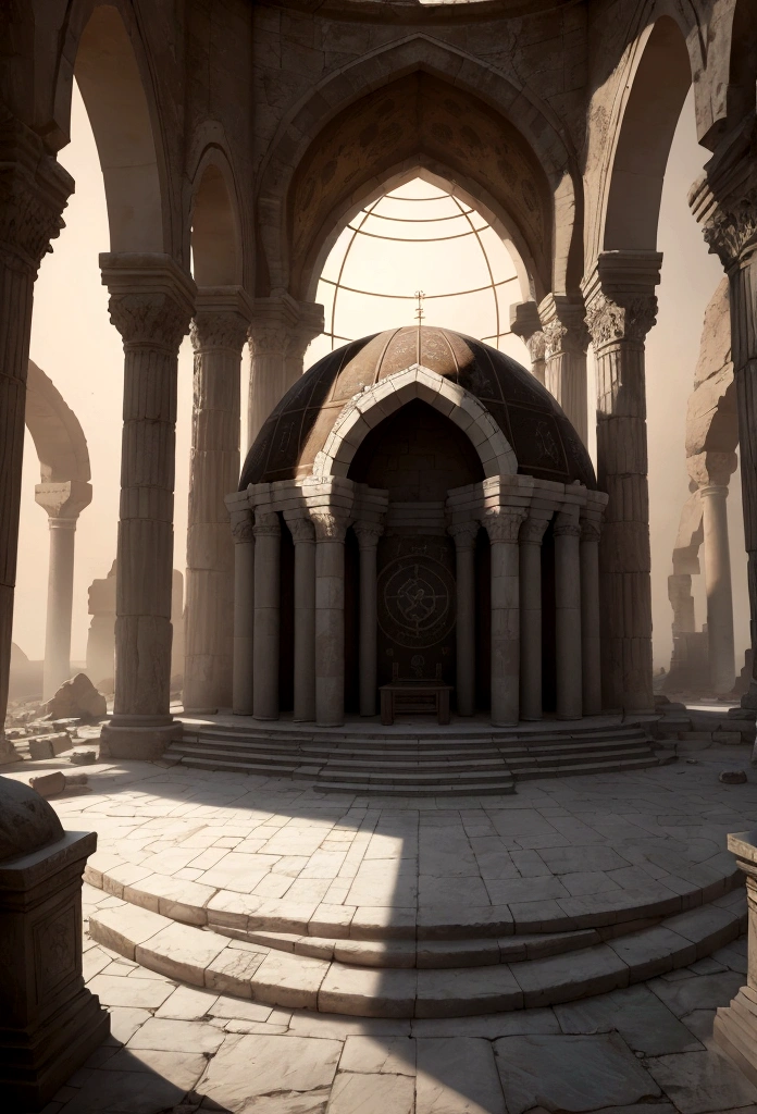 A door placed above the altar of a ruined ancient ruin., huge circular dome, The dome is decorated with runes, , highly detailed digital art, Stunning artwork in 8k, 8K high definition concept art, fantasy art, (wide-angle shot), (highest quality), (masterpiece)), realistic, Fantastic, Mysterious, arabic architecture, tall columns around the room