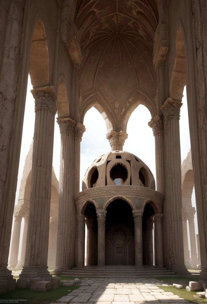A door placed above the altar of a ruined ancient ruin., huge circular dome, The dome is decorated with runes, , highly detailed digital art, Stunning artwork in 8k, 8K high definition concept art, fantasy art, (wide-angle shot), (highest quality), (masterpiece)), realistic, Fantastic, Mysterious, arabic architecture, tall columns around the room