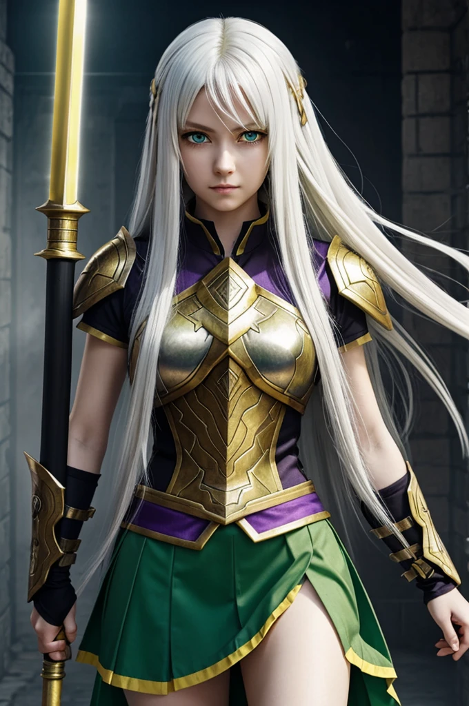 Anime style woman long white hair green eyes with yellow pupils t-shirt style armor a purple black skirt with layers warrior mode with a divine hammer
