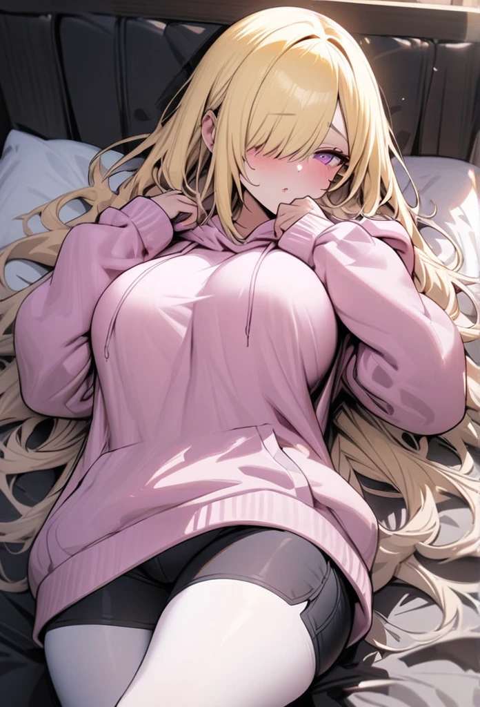 ((Best Quality)), ((Masterpiece)), (detailed), 1 girl, Pastel yellow hair, long hair, hair covers one eye, purple eyes, big breasts, big thighs, large pink hooded sweater, tight black shorts, small white tights, asleep, ojos cerrados