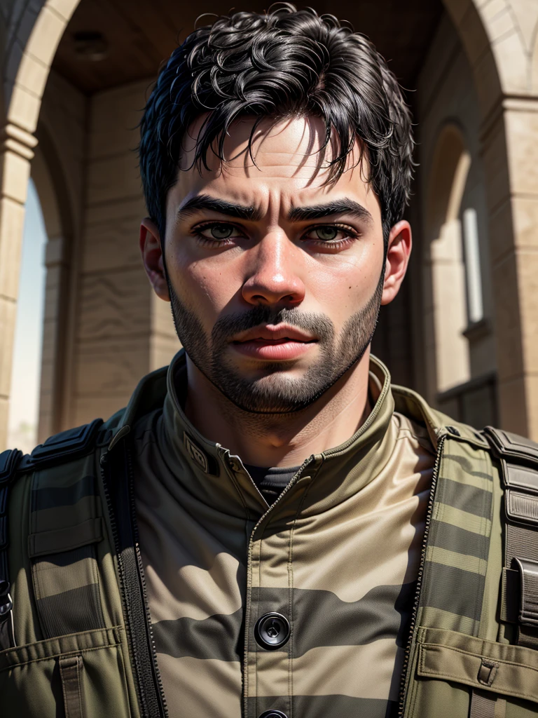 ((Main masterpiece at maximum resolution of 32K, hyper-realistic style, sharp details, perfect texture)). | A soldier, known as Pivalora, is on a desert battlefield, dressed in full desert camouflage and military clothing. He holds a rifle firmly, his eyes focused and determined, ready for any confrontation. His facial expression shows concentration and determination, reflecting the intensity of the situation. | The surrounding scenario is composed of sand dunes and scarce vegetation, with wreckage of military vehicles and partially destroyed structures in the background. The dramatic lighting of the sunset creates elongated shadows and a sharp contrast, highlighting the details of the soldier's clothes and equipment. | The composition of the image is made from a slightly low angle, giving a feeling of imposingness to the soldier. The perspective emphasizes the greatness of the environment and the loneliness of the soldier in the midst of the vastness of the desert. | Elements of war photography are evident, with subtle grain and a realistic color palette that varies between shades of brown, yellow and orange. The rifle and military equipment have intricate details, such as scratches, dust and wear, which add authenticity to the scene. | The depth of field is carefully controlled, with the soldier in sharp focus and the background slightly blurred, creating a visual effect that highlights the main figure while suggesting the vastness of the battlefield. | The image captures the essence of a war game photograph, with a level of realism that makes the viewer feel the tension and adrenaline of the moment.