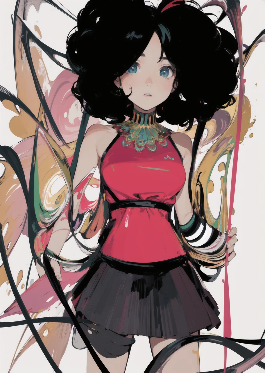(masterpiece, best quality:1.3), (flat color:1.3),(colorful:1.3),looking at viewer,1girl,solo,floating colorful water,(2D:1.3) colorful water background mixing with her clothes, beautiful face,