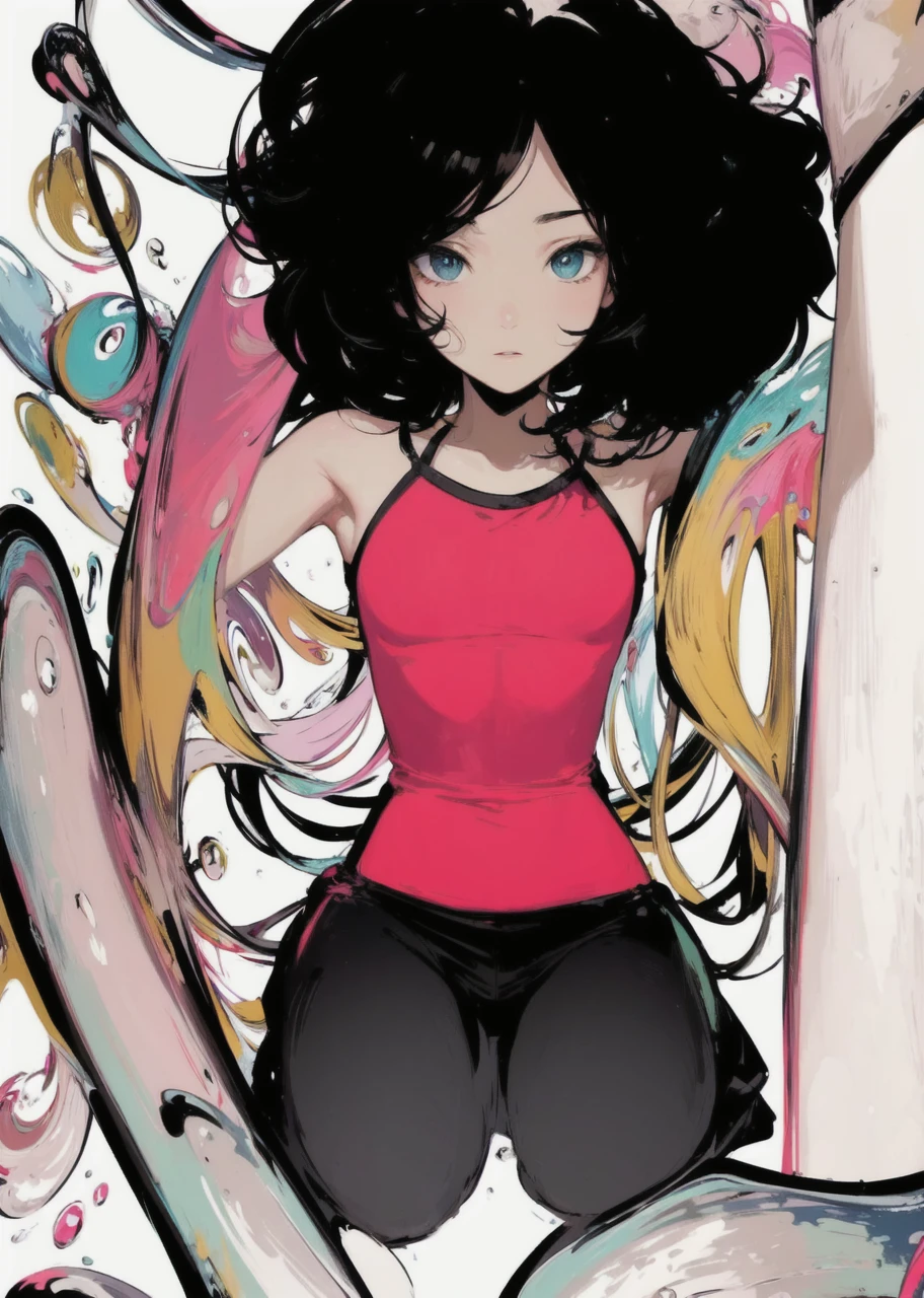 (masterpiece, best quality:1.3), (flat color:1.3),(colorful:1.3),looking at viewer,1girl,solo,floating colorful water,(2D:1.3) colorful water background mixing with her clothes, beautiful face,