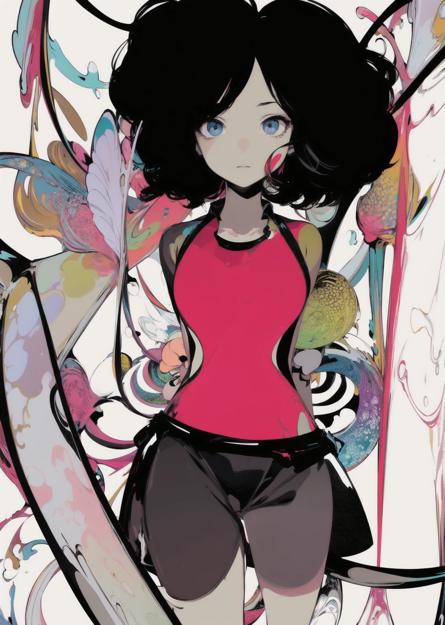 (masterpiece, best quality:1.3), (flat color:1.3),(colorful:1.3),looking at viewer,1girl,solo,floating colorful water,(2D:1.3) colorful water background mixing with her clothes, beautiful face, 