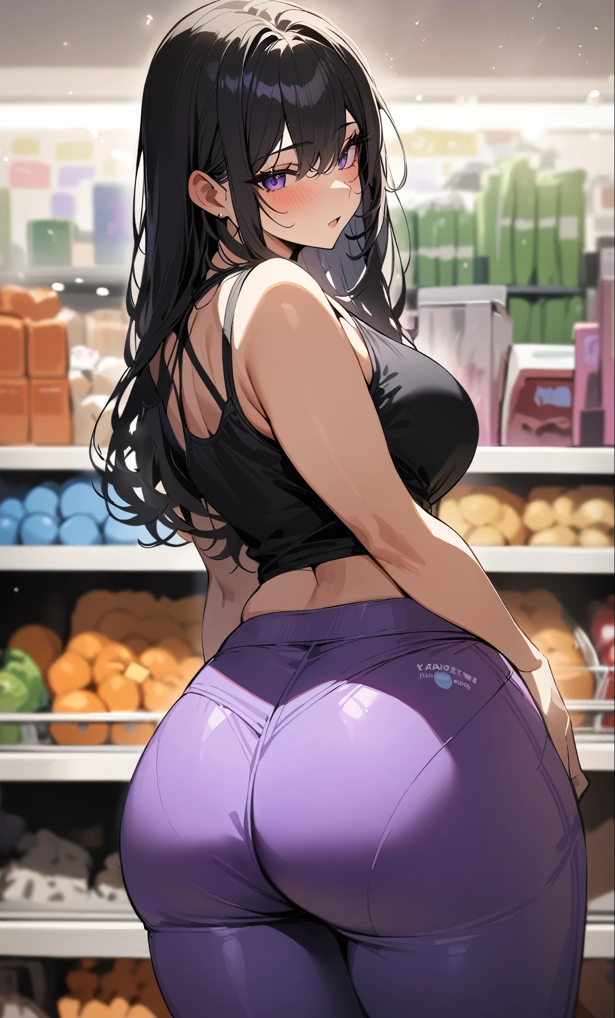 Masterpiece, best quality, 1girl, thicc woman, large butt, wide hips, violet yoga pants, from behind, in a supermarket, cashier, black hair, crop top