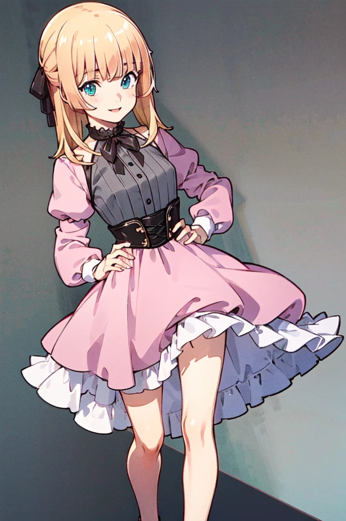 masterpiece, Highest quality, High resolution, 1女の子のヘアribbon, Pink Dress、Long sleeve、ribbon、Frills、Hands on hips, smile, ,
break masterpiece ,8k unity wallpaper,anime key visual,highest quality, High resolution, (shape:0.8),anime coloring,
highly detailed face, detailed eyes,growing eyes,shiny skin,fine skin,white skin,dense skin,detailed hair,highly detailed legs,
perfect lighting, Detailed CG,
(perfect hands, perfect anatomy),High resolution,
Break slender limbs, delicate curves, dainty hands,figure:0.8,