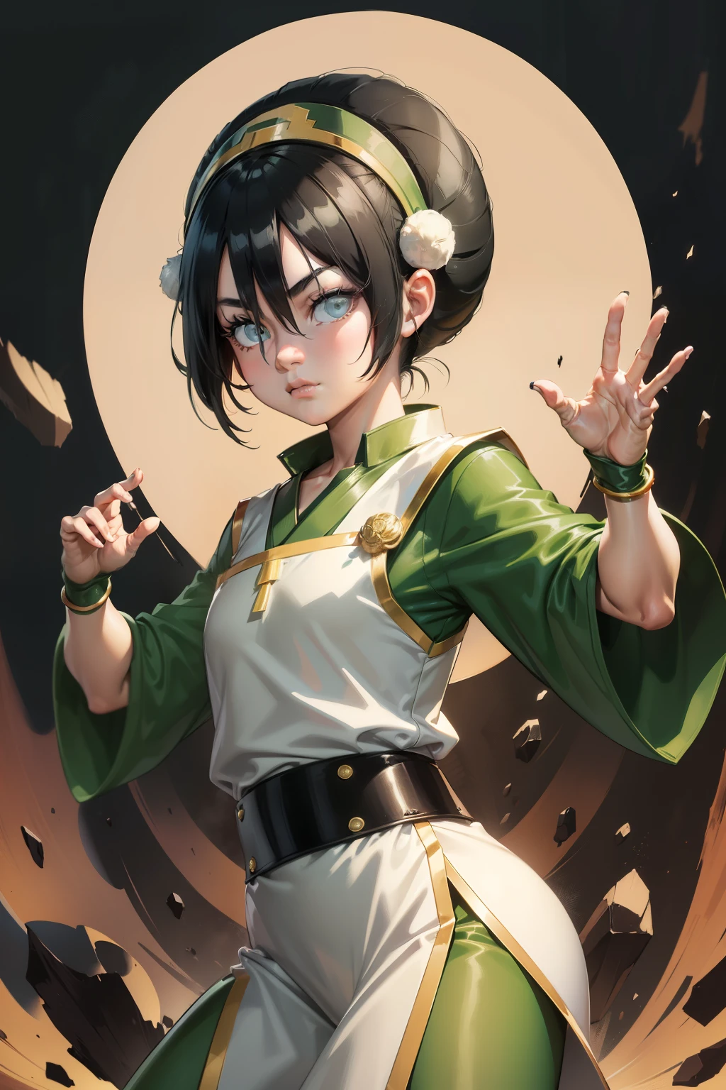 Ultra detailed ,beautiful  , delicada ,Toph beifong , 10 year old  girl ,japonese  girl ,1girl , flat  chest , green  clothes , Black hair, blind ,night , japonese temple  background ,Beautiful face.  , standing  , Wallpaper. Kung-fu pose 