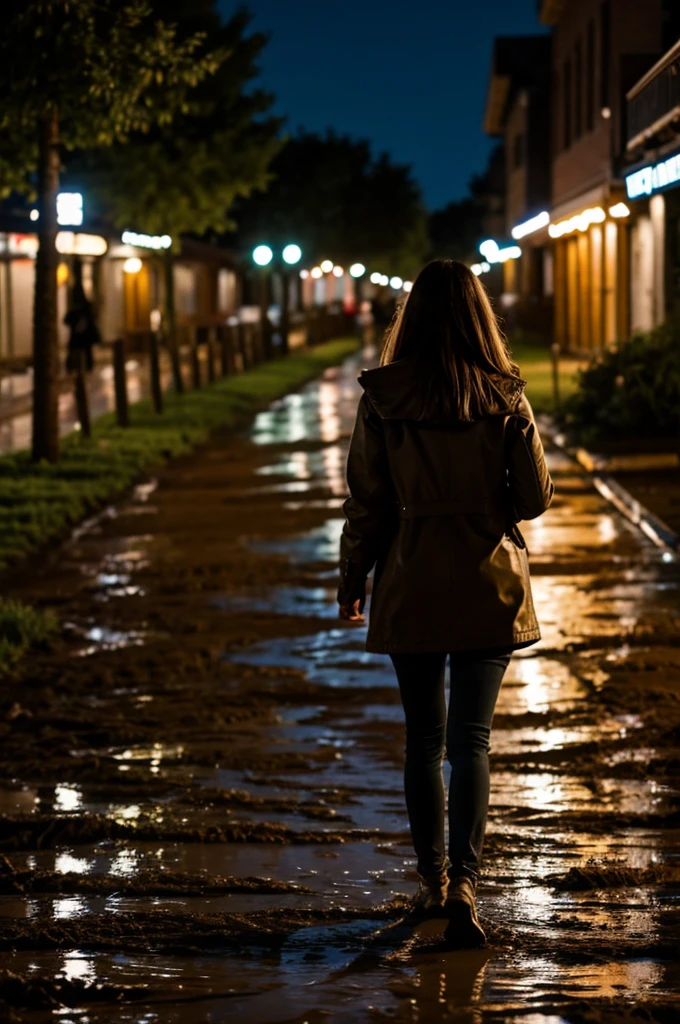woman walking through mud at night