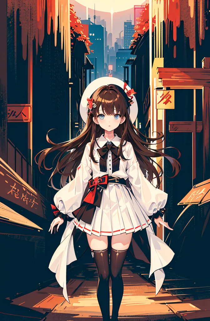 1girl,  solo, outdoors, long hair, holy place, Original,(Illustration:1.1),(Best Quality),(masutepiece:1.1),(the Extremely Detailed CG Unity 8K Wallpapers:1.1), (Colorful:0.9),(mid-shot:0.95),(extremely detailed beautiful face),(Solo:1.2), (girl),(((Lori))), (Detailed beautiful eyes:1.15), (Beautiful face:1.15), (Glowing blue eyes:1.25////),(((Brown Long Hair))),(two side up),(+perfect hand+:1.21),(Draw illustration of Japan priestess costume),(slender),(White pleated skirt),(Gothic),((black thighhighs)),(frilld),(Beautiful Slender Lolita Girl),standing, girl,10 years old,  girl,foggy place,((City in the Desert)),