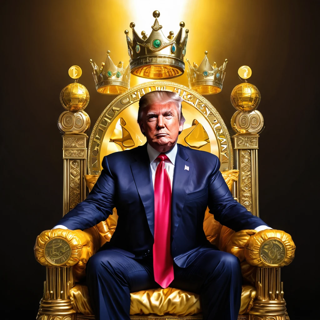 art Donald Trump with crown on his head sitting on golden bitcoin throne
