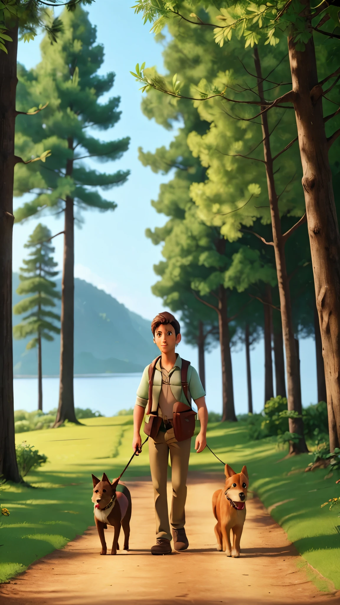 a man walking his dog in a lush green forest, realistic, highly detailed, 8k, photorealistic, professional photography, beautiful natural lighting, warm tones, vibrant colors, detailed textures, fluffy dog, man wearing casual clothes, gentle expression, relaxed pose, sunlight filtering through the trees, bushes and flowers in the foreground, scenic overlook in the background