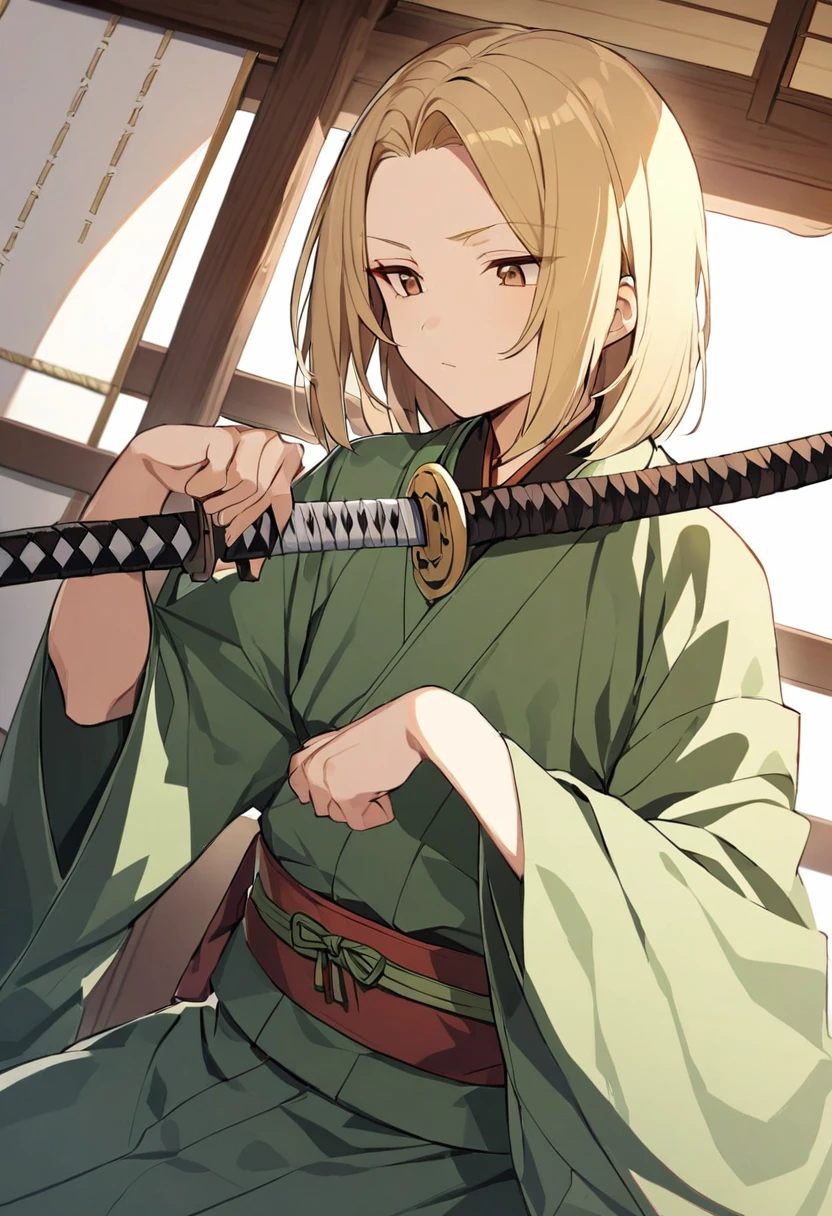boy, blond, medium length hair, long bangs, closed forehead, brown eyes, green kimono, haramaki, katana