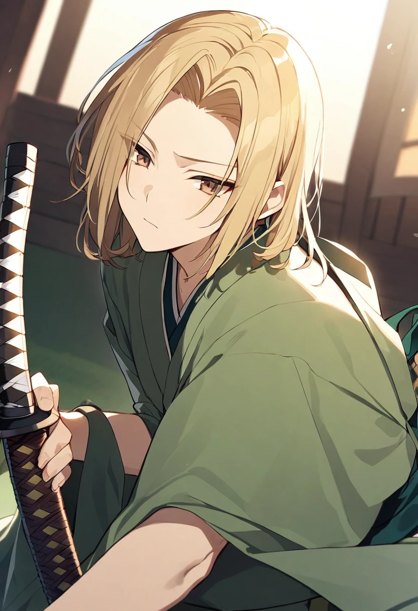 boy, blond, medium length hair, long bangs, closed forehead, brown eyes, green kimono, haramaki, katana